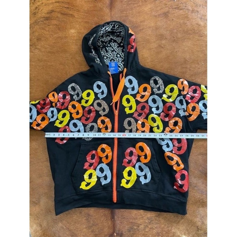 Vintage Gino Green Global 999 Hoodie Y2K Hip Hop AOP Black 3XL Rhinestone GGG - Picture 6 of 7